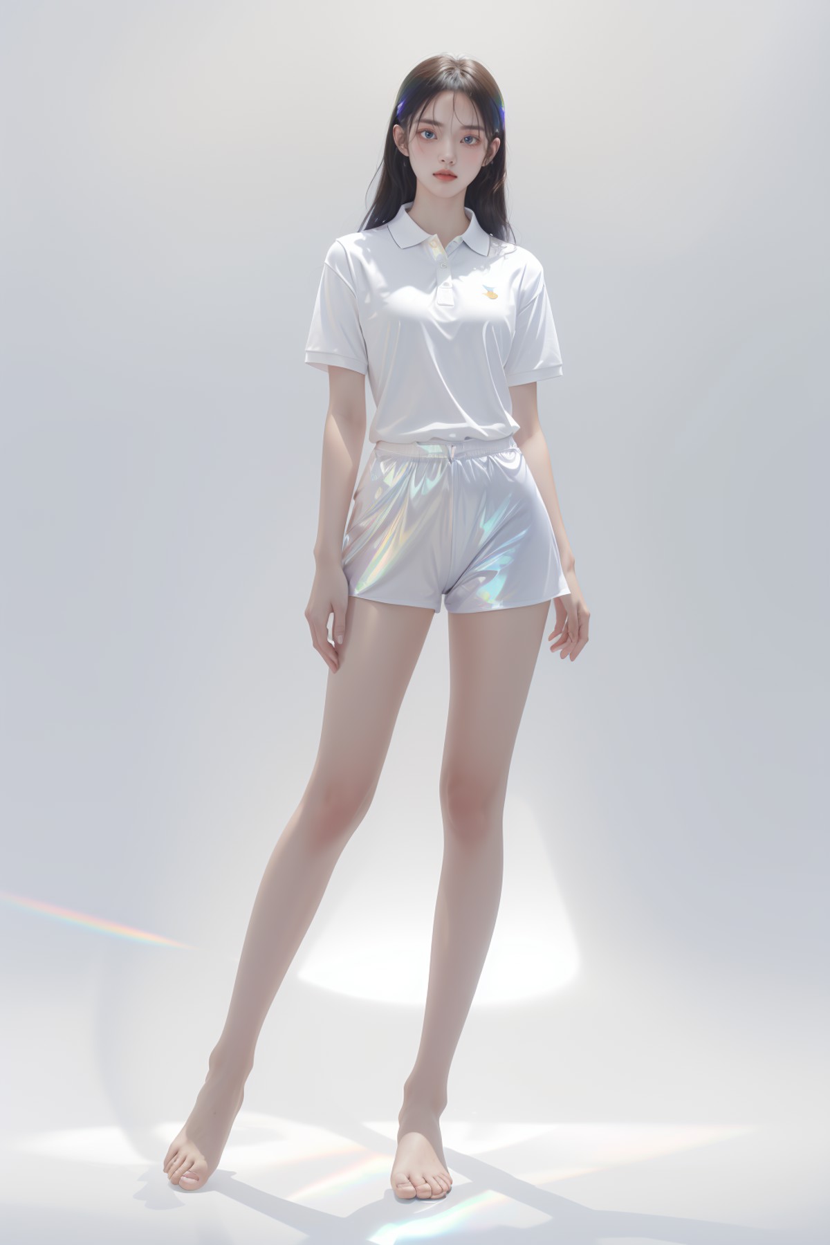 1girl, full body, polo shirt, iridescence, jewelry, white background, long hair,<lora:liuli3beta:1.2>